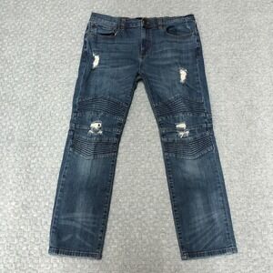 RSQ London Skinny Jeans Mens 36x30 Blue Moto Distressed Ripped Knee Stretch Norm